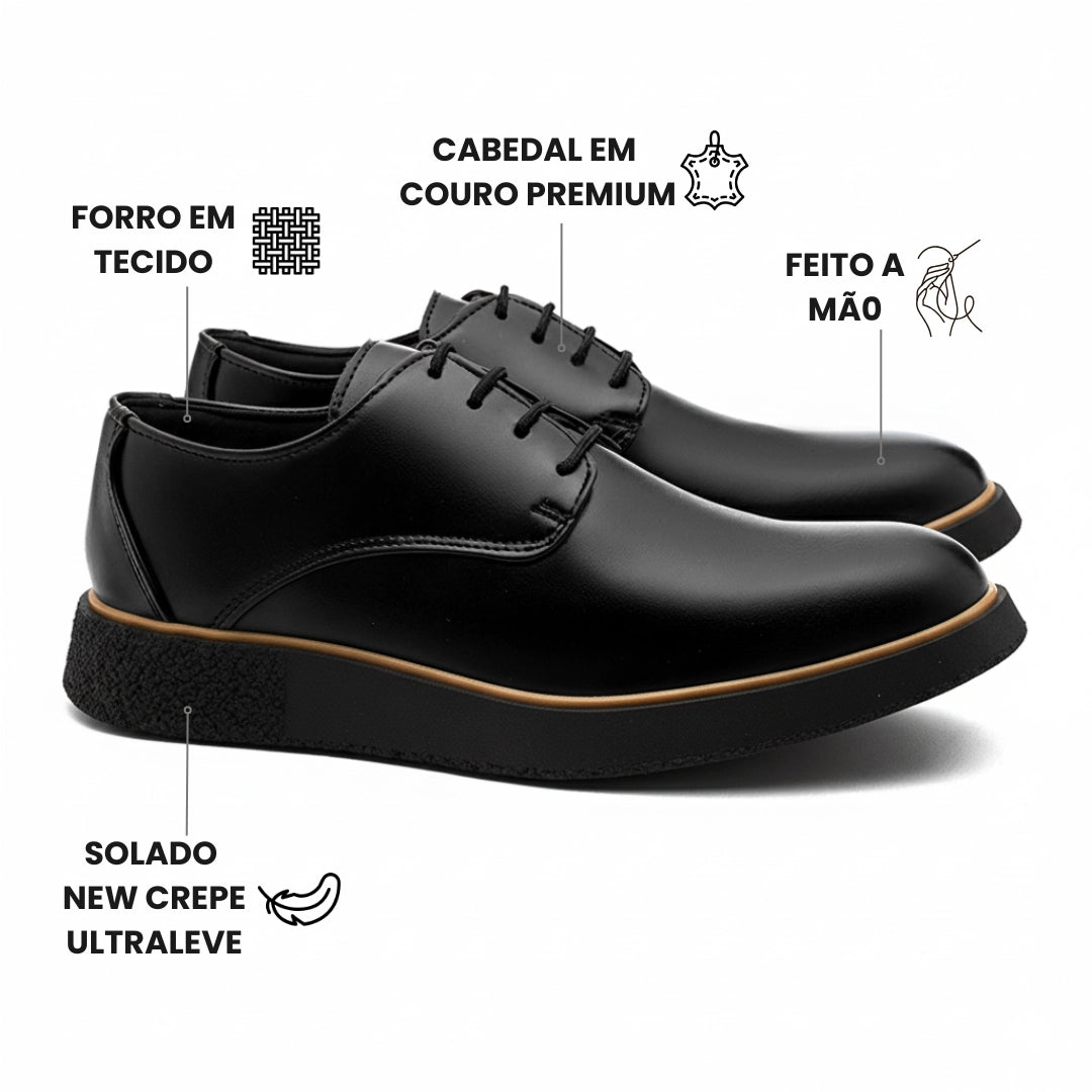 Detalhe do couro premium preto do derby Monaco