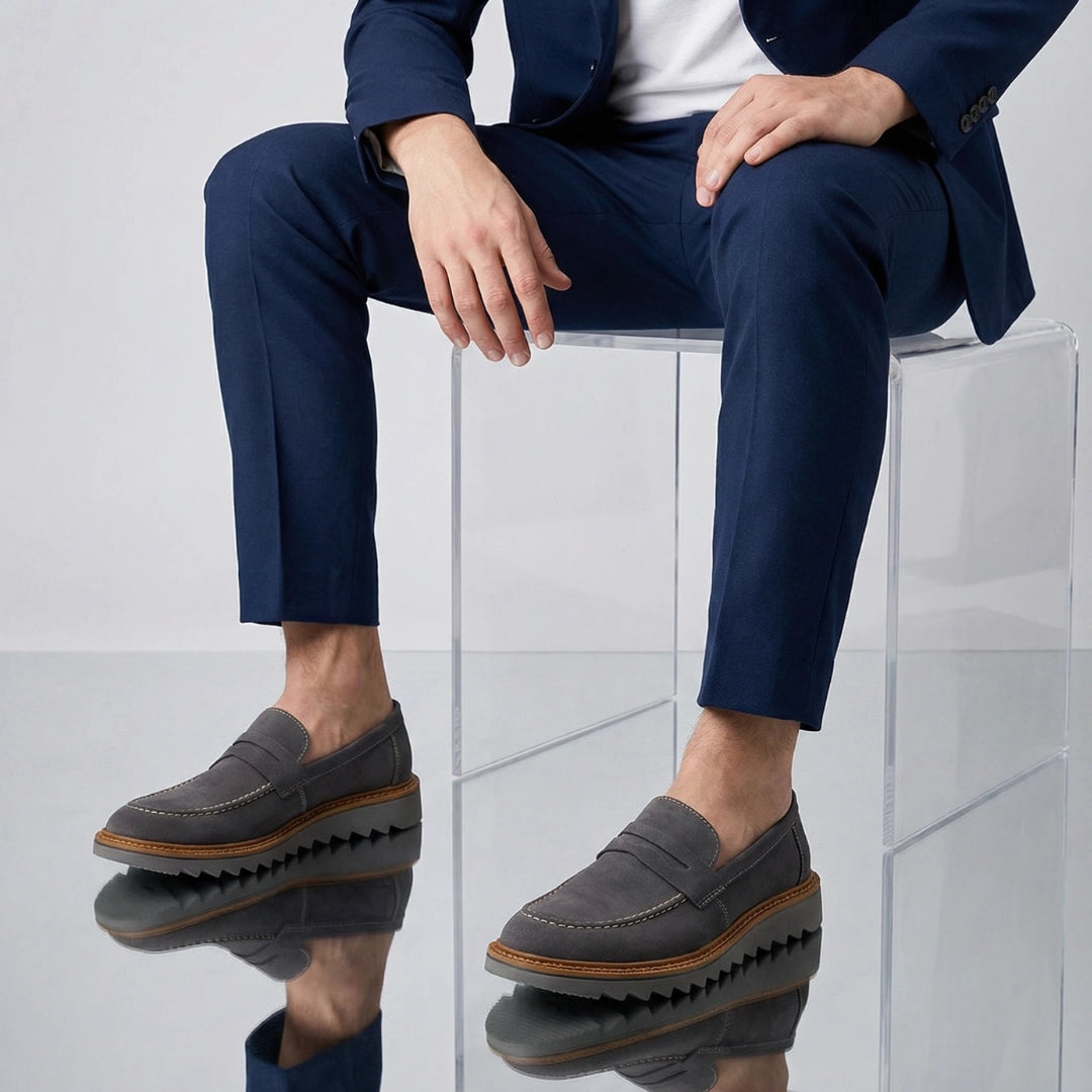 Loafer masculino titânio Vitorine com calça social azul marinho