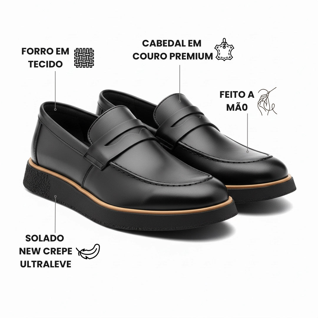Detalhe do couro premium preto do loafer Vincenzo